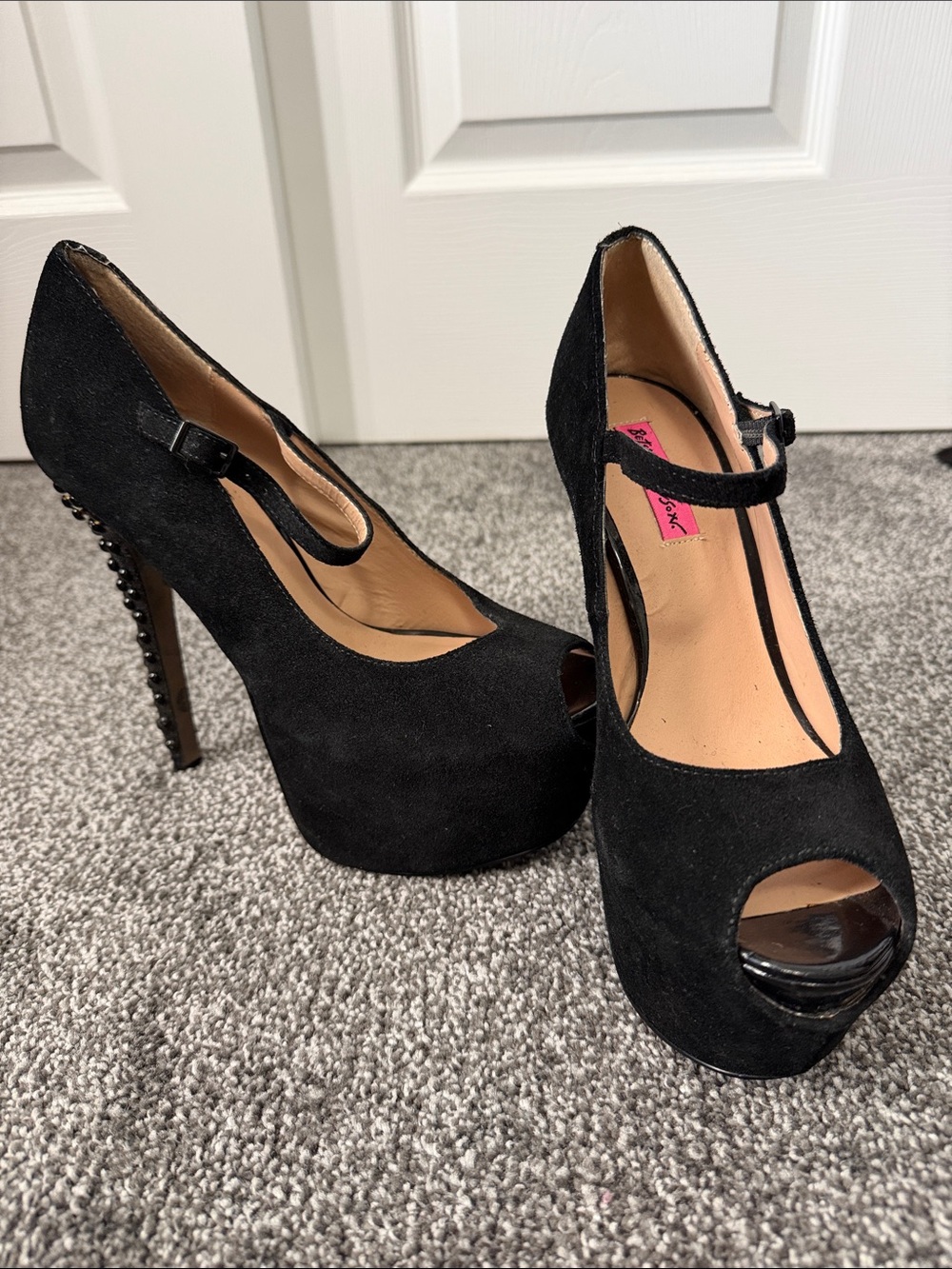 Betsey Johnson Black Suede Peep-Toe Platform MaryJane Heels with Studded Heel
